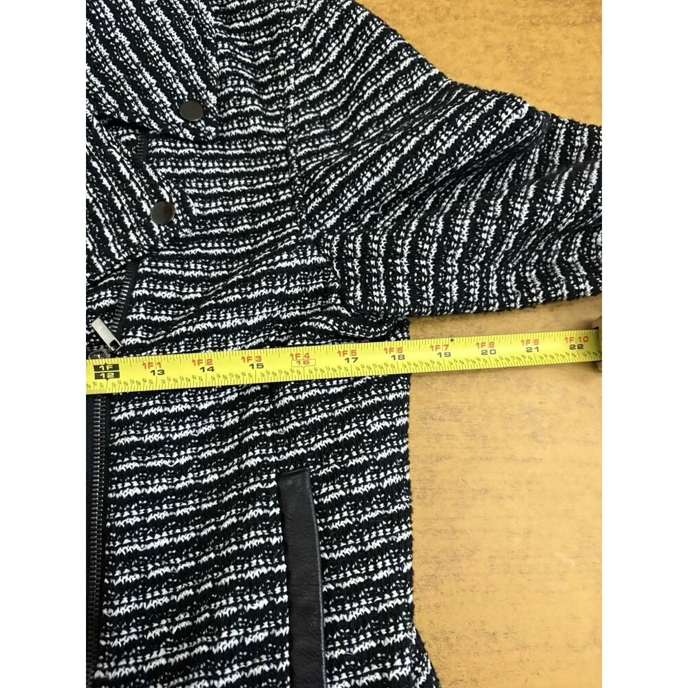 Tory Burch Women Black White Tweed Moto Jacket Leather Trim Asymmetric Zip Large